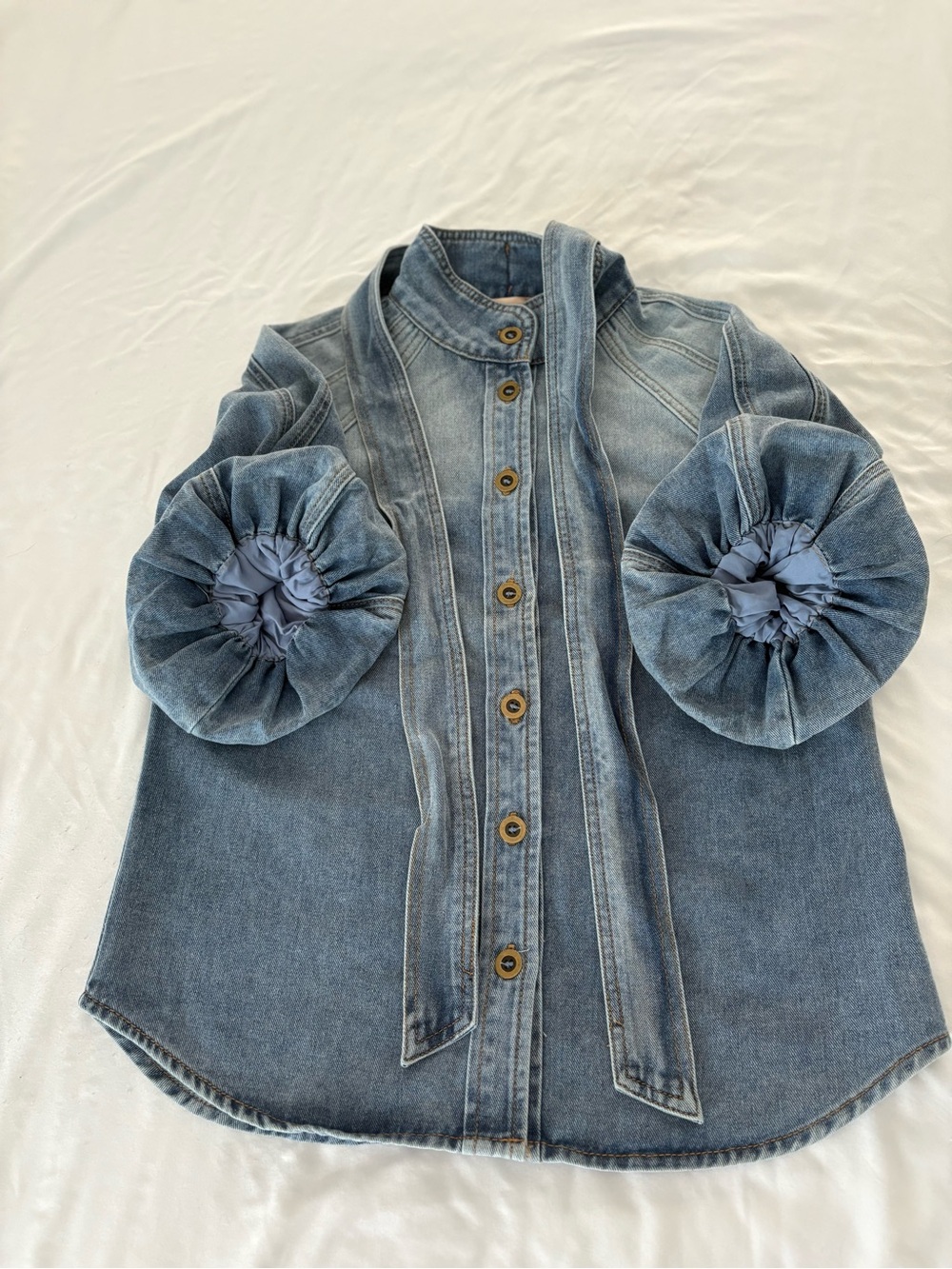 NWT Bailey44 Tie-Neck Puff Sleeve Denim Button-Down Shirt. Zimmerman Inspired. - Picture 9 of 13